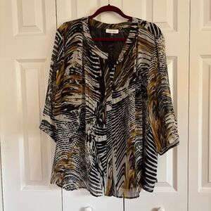 Calvin Klein abstract print zebra black and white button top elbow length size3X